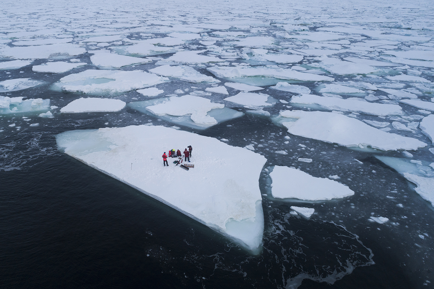 Aerial view of scientists taking sea ice core samples, measure snow and ice thickness, and water column properties below the ice at the  Arctic ice edge in Fram Strait, between Svalbard and Greenland. A group of US scientists is collecting data at the Arctic sea ice edge in May 2019 during the time of spring algae blooms to study the interactions between melting sea ice and the local ecosystem.